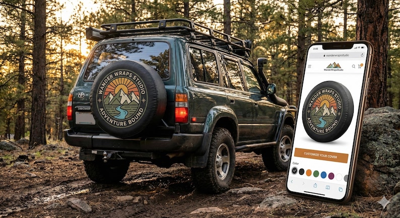May include: A dark green SUV with a spare tire cover featuring a mountain and river design. The cover has the text "Wander Wraps Studio" and "Adventure Bound." A smartphone displays the cover design with color options.