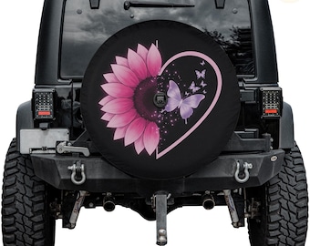 Housse de roue de secours rose tournesol papillons - Protecteur imperméable résistant aux UV avec trou pour appareil photo