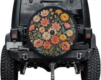 Wildflower Faux Embroidered Spare Tire Cover – Waterproof UV Resistant Protector with Camera Hole