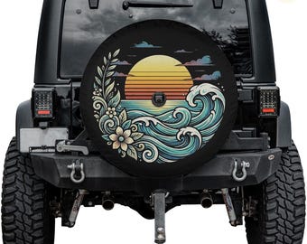 Ocean Waves Sunset Spare Tire Cover – Waterproof UV Resistant Protector with Camera Hole