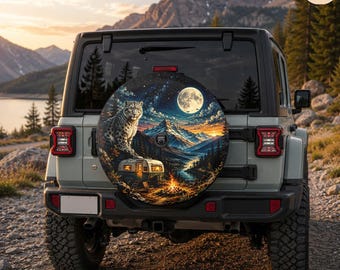 Moonlit Mountain Camper Snow Leopard Spare Tire Cover – Waterproof Protector with Camera Hole