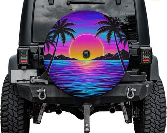 Sunset Neon Scene Spare Tire Cover – Waterproof UV Resistant Protector with Camera Hole