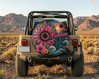 Summer Sunflower Beach Vibes Spare Tire Cover – Waterproof Protector with Camera Hole