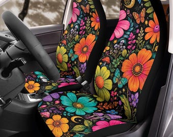Neon Midnight Garden retro autostoelhoezen (2 stuks): polar fleece protectorset met bloemen