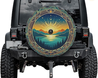 Blue Waves Sunrise Spare Tire Cover – Waterproof UV Resistant Protector with Camera Hole
