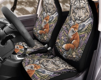 Fundas para asientos de coche con bordado de zorro alpino Midnight Predator (2 piezas): Juego de protectores de forro polar con estampado floral.