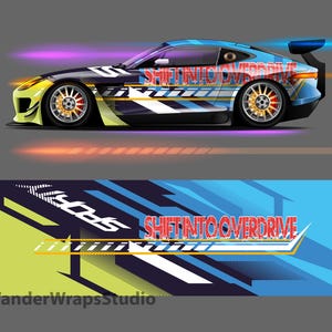 Shift Into Overdrive Race Car Livery Vehicle Wrap Design Background | Large Format Print File Only | Editable Colors (.EPS, .PDF)
