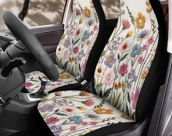 Pastel Meadow Faux Embroidery Car Seat Covers (2Pcs): Floral Polar Fleece Protector Set