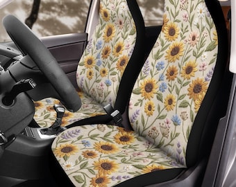 Fundas para asientos de coche con bordado de girasoles silvestres (2 unidades): Juego de protectores de forro polar con diseño floral
