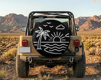 Minimalist Beach Line Art Spare Tire Cover – Retro Waterproof Protector