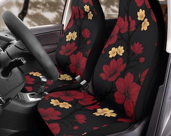 Midnight Sakura Noir Car Seat Covers (2Pcs): Floral Polar Fleece Protector Set