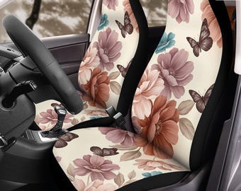 Vintage Blush Botanical Butterfly Car Seat Covers (2Pcs): Floral Polar Fleece Protector Set
