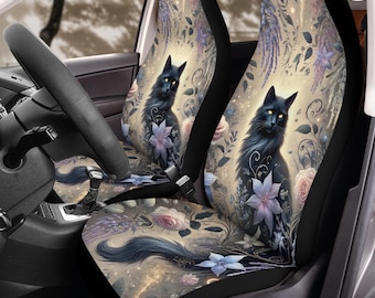 Magical Black Cat Car Seat Covers (2Pcs): Floral Polar Fleece Protector Set