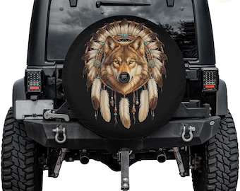 Native Indian Wolf Spare Tire Cover – Waterproof UV Resistant Protector with Camera Hole