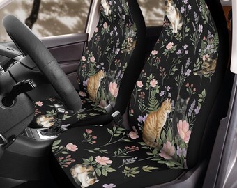 Midnight Meadow Botanica with Cats Car Seat Covers (2Pcs): Floral Polar Fleece Protector Set