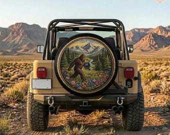 Bigfoot Wilderness Landscape Faux Embroidery Spare Tire Cover – Waterproof Protector with Camera Hole