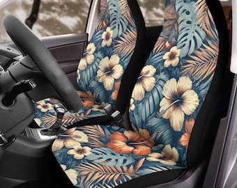 Coprisedili per auto hawaiani vintage con vivaci motivi di ibisco (2 pezzi): set protettivo in pile floreale