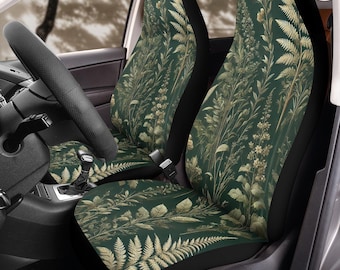 Dark Forest Green Leafy Car Seat Covers (2Pcs): Floral Polar Fleece Protector Set