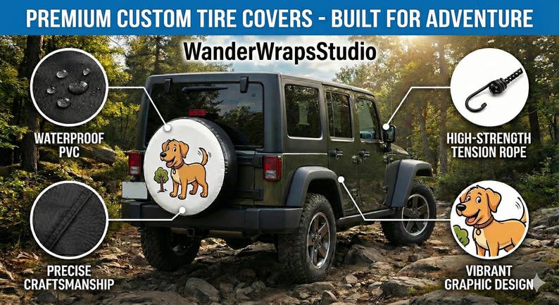 May include: A green Jeep with a custom tire cover featuring a cartoon dog design. The image highlights the tire cover's waterproof PVC material, precise craftsmanship, and high-strength tension rope. The text reads "PREMIUM CUSTOM TIRE COVERS - BUILT FOR ADVENTURE."