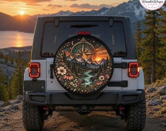 Wildflower Mountain Wanderlust Spare Tire Cover – Waterproof UV Resistant Protector with Camera Hole