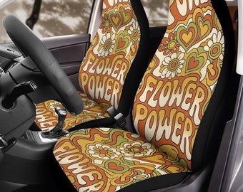 Retro Flower Power Groove autostoelhoezen (2 stuks): polar fleece protectorset met bloemen