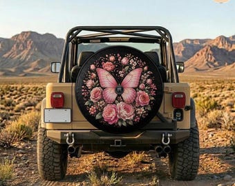 Blush Pink Butterfly Floral Spare Tire Cover – Waterproof Protector with Camera Hole
