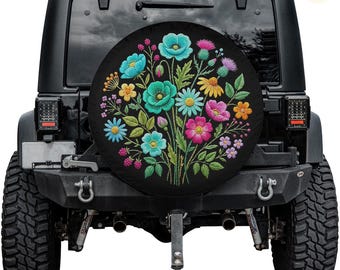 Vibrant Faux Embroidery Floral Spare Tire Cover – Waterproof UV Resistant Protector with Camera Hole