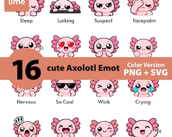 Axolotl SVG | Emotes axolotl kawaii pour Twitch et Discord | Lot de cliparts animaux mignons | PNG SVG Téléchargement numérique