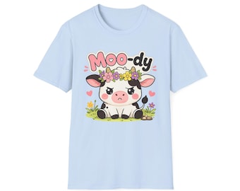 T-shirt couronne de fleurs vache Moo-dy | T-shirt à motif vache mignon