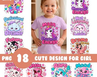 Lot de designs de t-shirts pour fille | Sublimation PNG impertinente pour tout-petits | Clipart personnage kawaii | 18 fichiers PNG