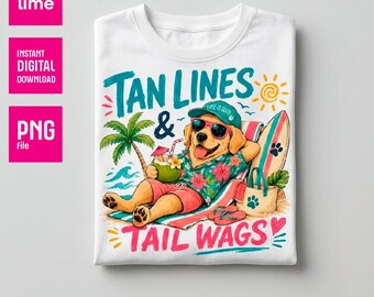 Summer Dog Mom PNG | Tan Lines and Tail Wags Beach Golden Retriever | Retro Tropical Sublimation Design | Digital Download