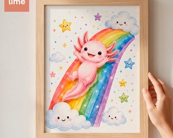 Axolotl PNG | Axolotl arc-en-ciel | Décoration de chambre d'enfant à l'aquarelle | Sublimation d'animaux kawaii | Téléchargement numérique