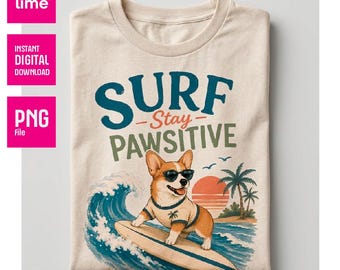 Corgi Surfing PNG | Retro Beach Dog Mom Summer T-Shirt Design | Stay Pawsitive Digital Download | Summer Sublimation Art