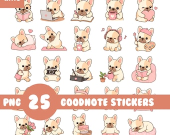 Stickers numériques bouledogue français | Joli dessin d'agenda Frenchie Goodnotes | Clipart de journalisation de chien kawaii | 25 fichiers PNG
