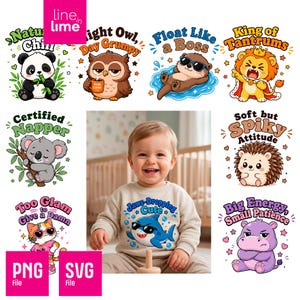 Puede incluir: Una colección de ocho diseños gráficos digitales con animales de dibujos animados y texto que incluye Naturally Chill, Night Owl, Float Like a Boss, King of Tantrums, Certified Napper, Soft but Spiky, Too Glam y Jaws-Dropping Cute.
