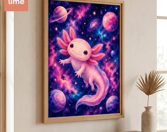Espace Axolotl PNG | Art mural galaxie kawaii | Décoration de chambre cosmique rose | Téléchargement numérique