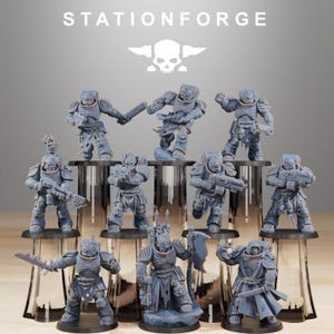 May include: A collection of gray miniature figurines of armored warriors, each posed differently and mounted on black bases. The figures are detailed with skeletal designs and weaponry. The word "STATIONFORGE" is printed at the top of the image.