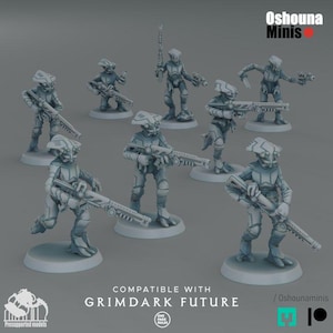 May include: A collection of gray miniature figures, each posed with futuristic weaponry. The figures are on circular bases, and the image includes text that reads "COMPATIBLE WITH GRIMDARK FUTURE" and "Oshouna Minis".