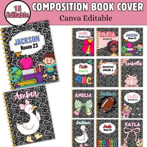 15 trendy Composition Book Cover Designs for boys and girls, Canva Editable, Back to School Design, Customizable Printable Notebook Covers
