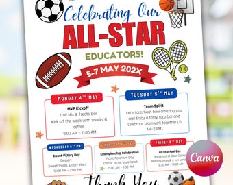 Póster del itinerario de la Semana de Reconocimiento a los Maestros del Deporte (Plantilla editable de Canva, 8,5 x 11 pulgadas, descarga digital)