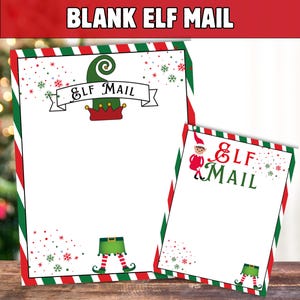Puede incluir: Dos hojas de papelería en blanco de Elf Mail. La hoja más grande tiene un borde verde y rojo con un sombrero de elfo y las palabras "Elf Mail". La hoja más pequeña tiene una ilustración de un elfo y las palabras "Elf Mail". Ambas hojas tienen un fondo blanco con confeti rojo, verde y blanco.