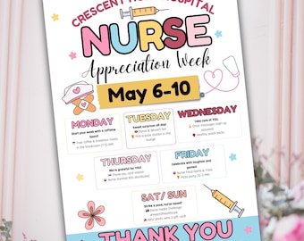 Bestseller Nurse Appreciation Itinerary Flyer, Happy Nurses Week Thank You Gifts, Hospital Staff Weekly Planner, Editable Staff Invitation