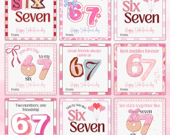 Meisjes 67 Valentijnsdagkaarten, afdrukbare Six Seven Valentine-kaarten voor kinderen, Coquette Classroom Gen Z Alpha Slang, 6 7 valentijnskaarten
