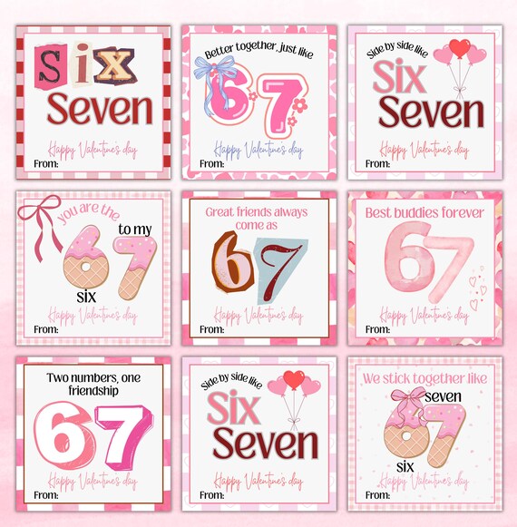 Girls 67 Valentine's Day Cards, Printable Six Seven Kids Valentine Cards, Coquette Classroom Gen Z Alpha Slang, 6 7 Valentines Treat Tags