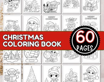 May include: A Christmas coloring book with 60 pages, featuring various festive illustrations. The cover displays the text "Christmas Coloring Book" and "60 Pages". Individual pages show images of Santa Claus, elves, and Christmas trees, all in black and white.