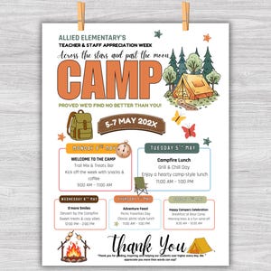 Puede incluir: Un cartel para la Semana de Apreciaci&oacute;n de Maestros y Personal de Allied Elementary, con el tema "Campamento". El cartel presenta ilustraciones de una tienda de campa&ntilde;a, una mochila y una fogata. El texto incluye actividades diarias, fechas y un mensaje de agradecimiento.