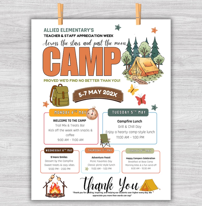 Puede incluir: Un cartel para la Semana de Apreciaci&oacute;n de Maestros y Personal de Allied Elementary, con el tema "Campamento". El cartel presenta ilustraciones de una tienda de campa&ntilde;a, una mochila y una fogata. El texto incluye actividades diarias, fechas y un mensaje de agradecimiento.