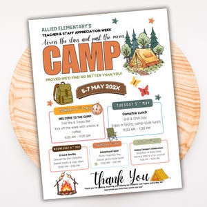 Puede incluir: Un folleto colorido para la Semana de Apreciaci&oacute;n de Maestros y Personal de Allied Elementary, con el tema "Across the stars and past the moon". El folleto presenta un tema de campamento con ilustraciones de una tienda de campa&ntilde;a, una mochila y una fogata.