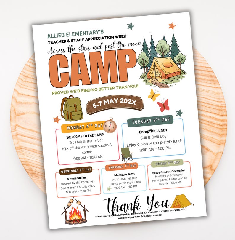 Puede incluir: Un folleto colorido para la Semana de Apreciaci&oacute;n de Maestros y Personal de Allied Elementary, con el tema "Across the stars and past the moon". El folleto presenta un tema de campamento con ilustraciones de una tienda de campa&ntilde;a, una mochila y una fogata.