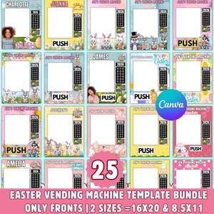 Könnte beinhalten: Ein Bundle von 25 Ostern-Automaten-Vorlagen. Jede Vorlage hat einen farbenfrohen Rahmen mit Hasen und Ostereiern, eine Tastatur und das Jahr 2026. Die Vorlagen sind in zwei Größen erhältlich.